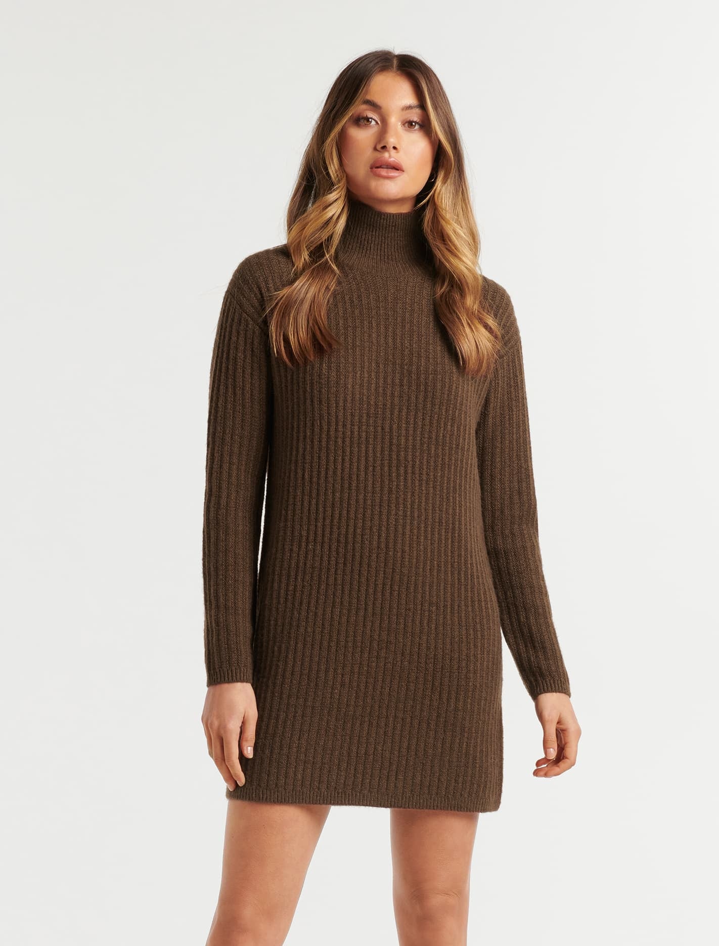 Forever New Women's Dakota Rib Jumper Knit Dress in Chocolate, Size Large Polyester/Acrylic/Polyamide