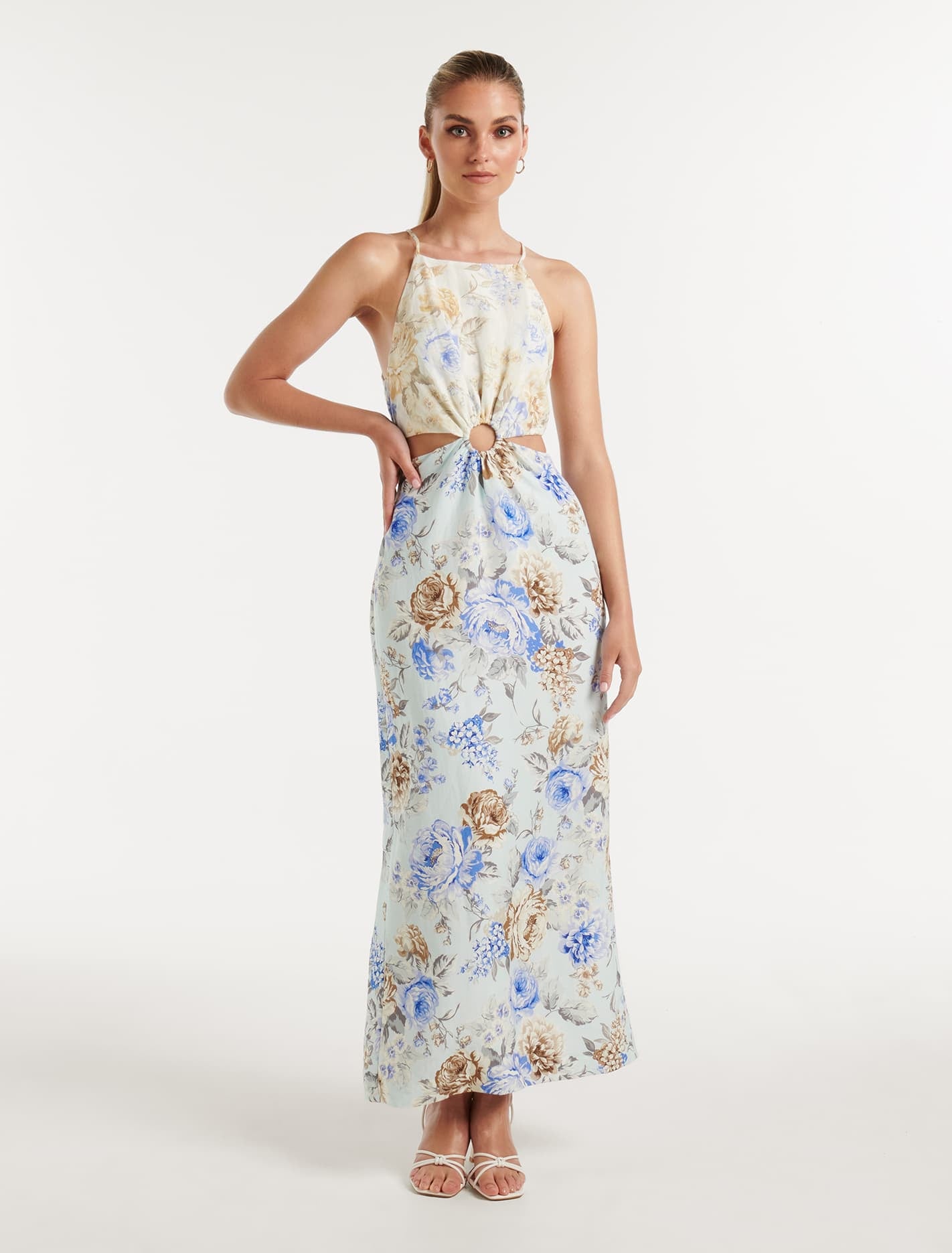 Forever New Women's Halle Ring Cut Out Midi Dress in Isla Floral, Size 8 Linen/Viscose/Cotton